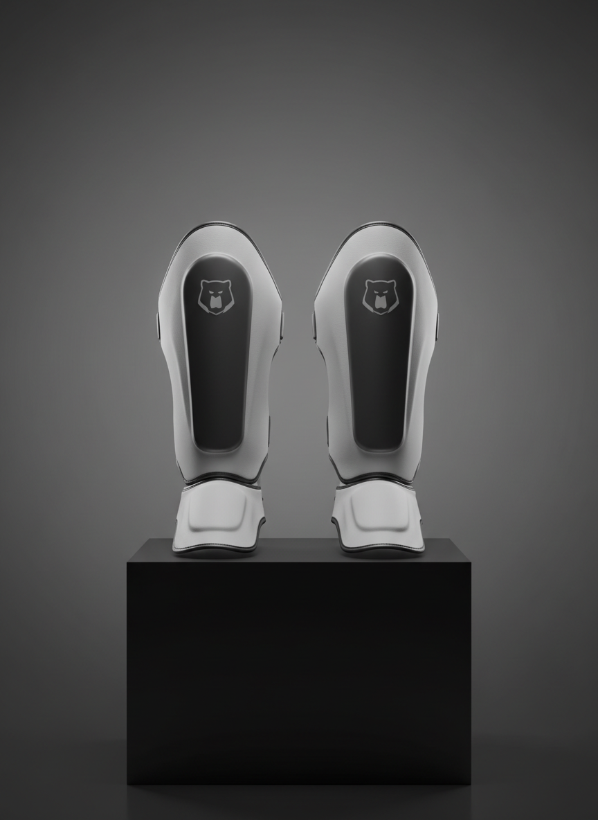 A minimalist product podium scene featuring a pair of white and gunmetal-gray MMA shin guards standing upright on a matte black plinth, with the White Bear logo subtly debossed near the top. The background is a smooth gradient from dark charcoal to soft gray, with no distractions. Controlled studio lighting from above and slightly behind creates a refined rim light along the edges and soft specular highlights on the molded protective shells. Photographic realism with a centered, symmetrical composition and ample negative space for potential text overlays. The mood is premium, clinical, and highly professional, perfect for use as a flagship product showcase or advertisement background.