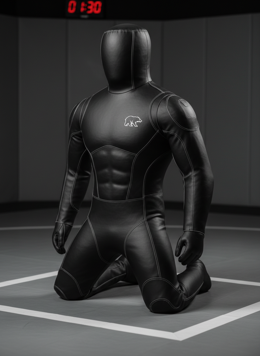 A close-up of a sleek grappling dummy covered in matte black synthetic leather with articulated limbs and reinforced seams, featuring a small, tasteful white bear emblem on the chest. It is positioned in the center of a clean wrestling mat area with contrasting white edge markings. The background fades into soft blur, revealing only hints of padded walls and a digital round timer. Focused, directional studio lighting from one side sculpts subtle highlights along the dummy’s contours and deepens shadows in the joints, showcasing construction quality. Photographic realism at a three-quarter angle with a shallow depth of field. The atmosphere is technical, serious, and training-focused, ideal for advanced grappling equipment.