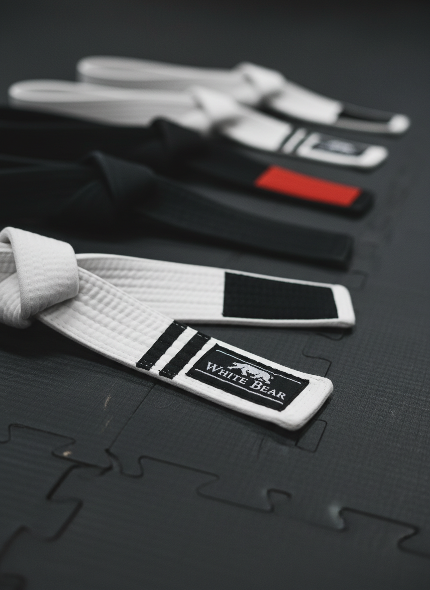 A tightly framed shot of a white and black grappling belt collection arranged diagonally across a dark tatami mat: stripes and rank bars crisply stitched, each belt featuring a small woven White Bear tag near the end. The mat texture is clearly visible, with subtle seams and light wear. Soft overhead lighting provides even illumination, with delicate shadows accentuating the folds and thickness of the belts. Photographic realism with a shallow depth of field that keeps the leading belt in tack-sharp focus while the others gradually blur. The mood is respectful and aspirational, emphasizing progression, discipline, and the brand’s connection to martial arts tradition.