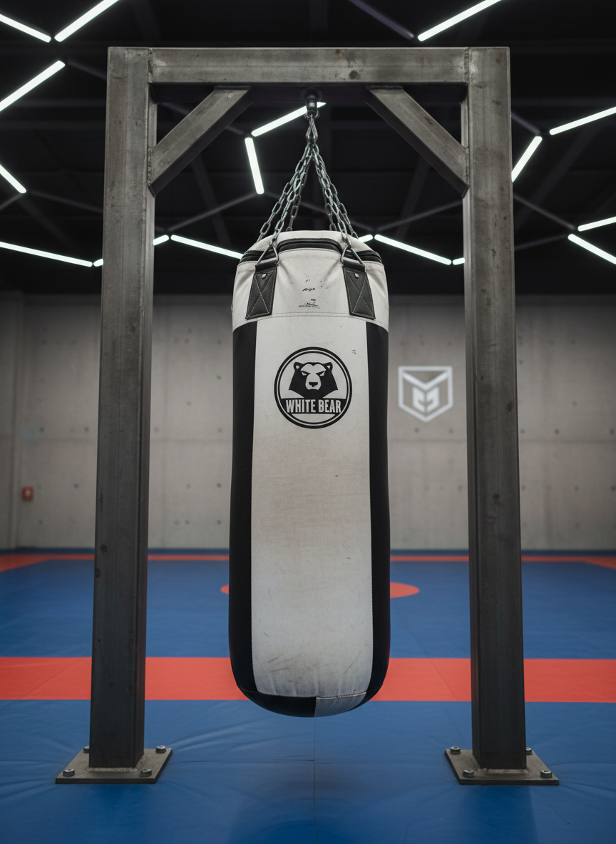 A rugged white and black heavy punching bag branded “White Bear” with a clean, modern logo and bear icon near the center, hanging from an industrial steel frame in a spacious training facility. The synthetic leather surface shows subtle creases and impact marks that hint at intensive use. In the background, blurred outlines of wrestling mats and a neutral gray wall with minimal branding create depth without distraction. Overhead LED strip lights provide bright, even illumination, producing defined highlights along the bag’s curves and a clear shadow beneath. Photographic realism from a low-angle perspective, emphasizing strength and durability. The mood is intense, disciplined, and competition-ready.