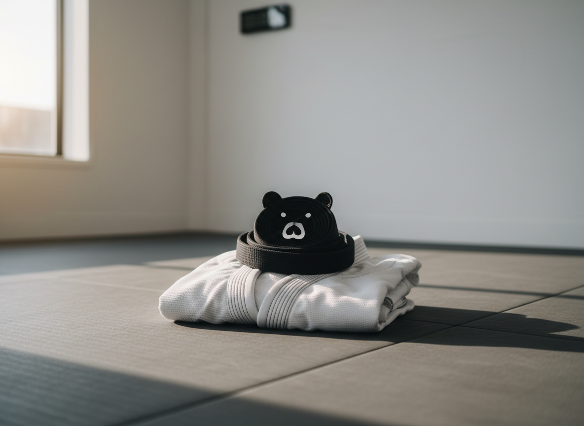 A pristine white heavyweight Brazilian jiu-jitsu gi with reinforced lapels and contrast black stitching, folded neatly with the belt coiled on top in the shape of a subtle bear silhouette. The gi sits on a smooth charcoal tatami mat inside a minimalist dojo-inspired training space, with simple white walls and a single wall-mounted timer slightly out of focus in the background. Soft morning light enters from the side, casting long, gentle shadows that reveal the weave texture of the fabric. Photographic realism, shot from a slightly elevated angle using the rule of thirds. The atmosphere is calm, disciplined, and highly professional, ideal for highlighting grappling-focused apparel.